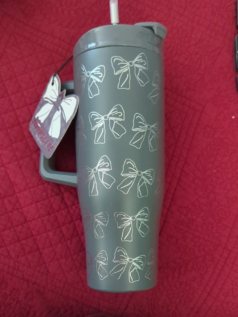 Stylish Dark Gray Bow-Print Travel Mug with Handle